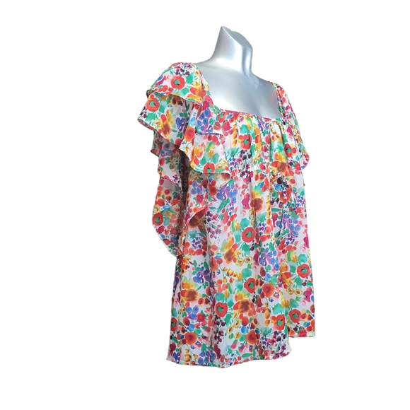 H&M Garden Collection Blouse Size 12 Watercolour Floaty Frill Top Milkmaid - Picture 2 of 9